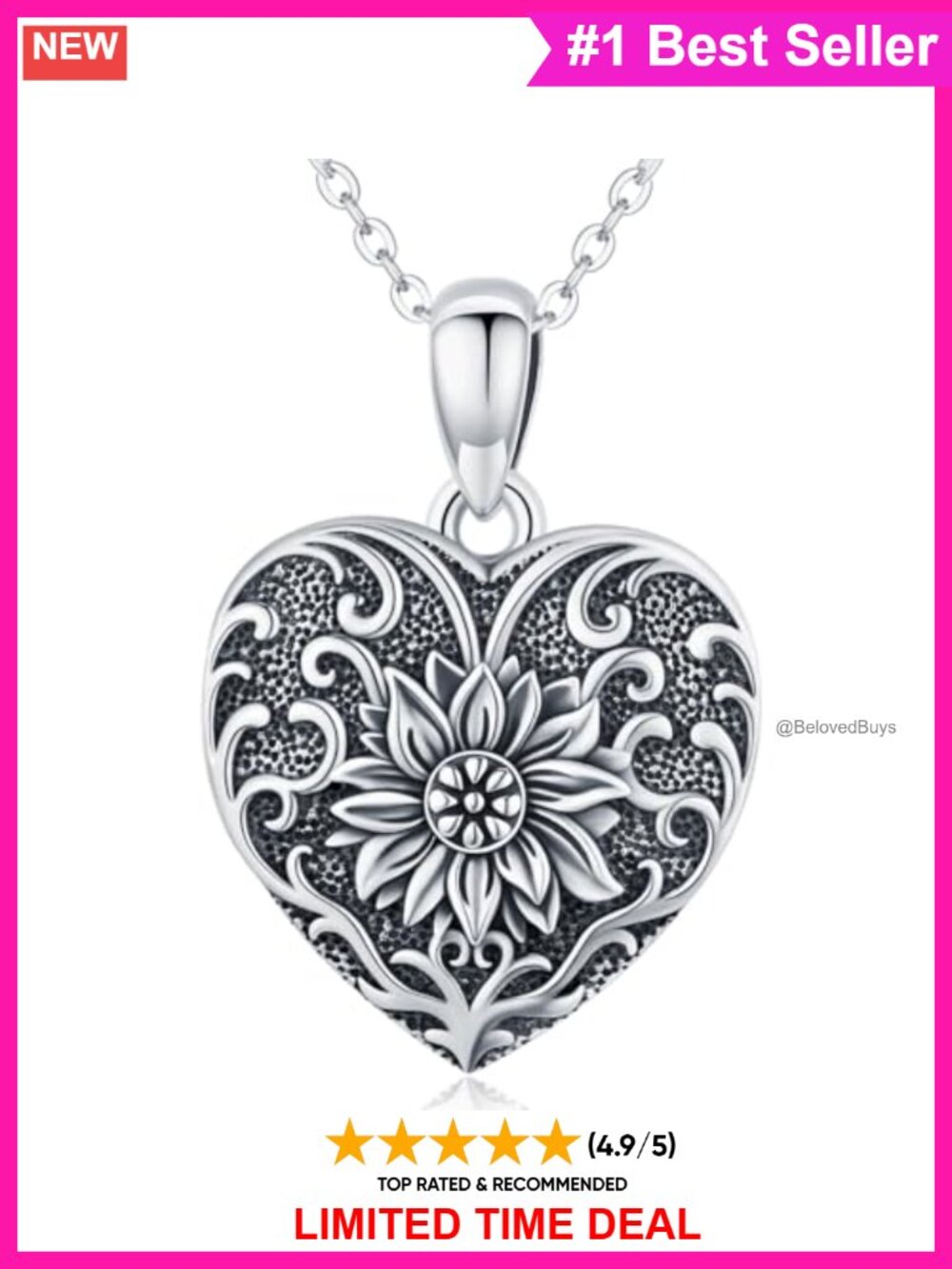 925 Sterling Silver Sunflower Heart Locket Necklace Photo Pendant Jewelry